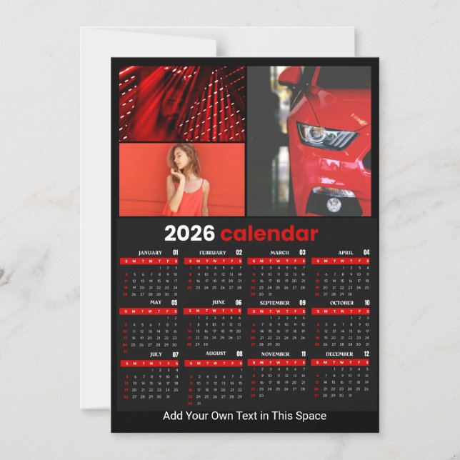 2026 Year Calendar Black Red Personalized Photo Magnetic Invitation (Front)