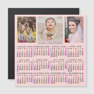 2026 Year Calendar Cute Pink Family Photo Collage Magnetic Invitation