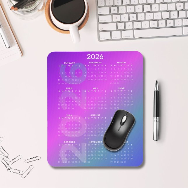 2026 Year Calendar Gradient Background Vertical  Mouse Mat (2026 Full Year Calendar Mousepad Pink Blue Gradient)