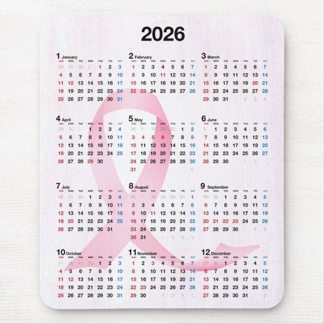 2026 Year Calendar Pink Ribbon Mouse Mat (Front)