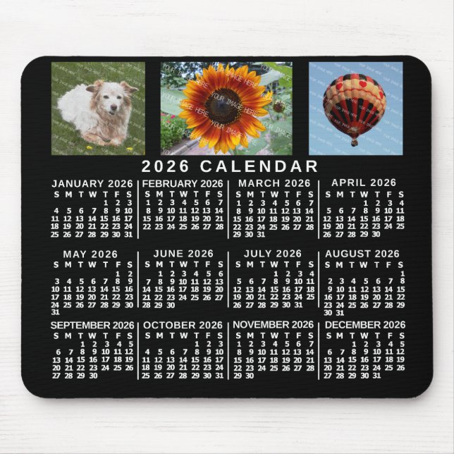 2026 Year Monthly Calendar Black Custom 3 Photos Mouse Mat (Front)