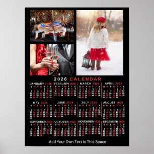 2026 Year Monthly Calendar Black Custom 3 Photos Poster