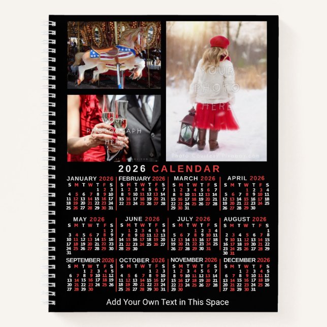 2026 Year Monthly Calendar Black Custom 9 Photos Notebook (Front)