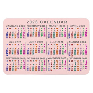 2026 Year Monthly Calendar Blush Pink Colorful Magnet