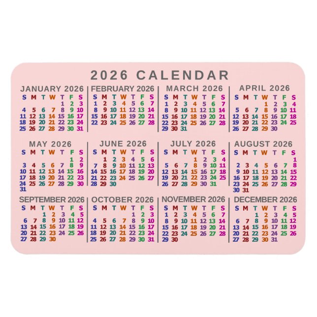 2026 Year Monthly Calendar Blush Pink Colorful Magnet (Horizontal)