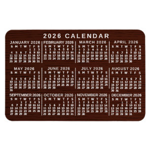 2026 Year Monthly Calendar Brown Wood Grain Simple Magnet