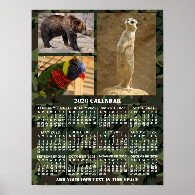 2026 Year Monthly Calendar Camouflage Add 3 Photos Poster (Front)