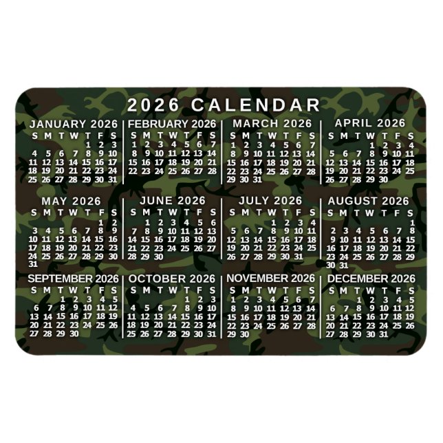 2026 Year Monthly Calendar Camouflage Camo Green Magnet (Horizontal)