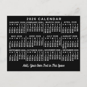2026 Year Monthly Calendar Classic Black and White Postcard