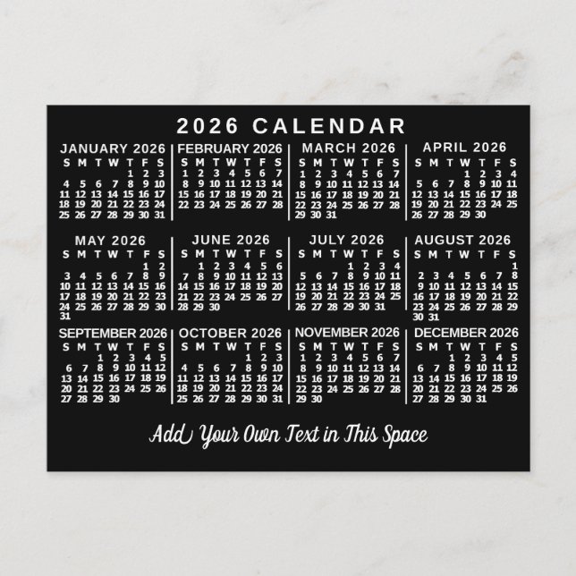 2026 Year Monthly Calendar Classic Black and White Postcard (Front)
