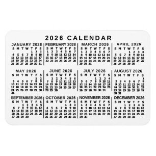 2026 Year Monthly Calendar Classic White and Black Magnet