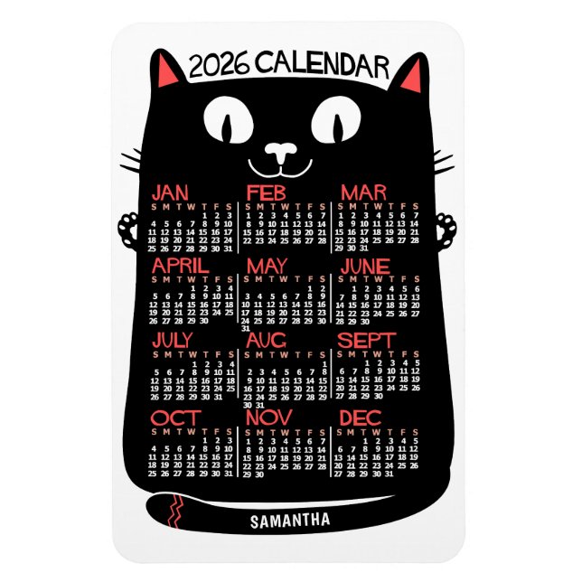 2026 Year Monthly Calendar Mid-Century Black Cat Magnet (Vertical)