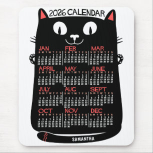2026 Year Monthly Calendar Mid-Century Black Cat Mouse Mat