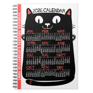 2026 Year Monthly Calendar Mid-Century Black Cat Notebook