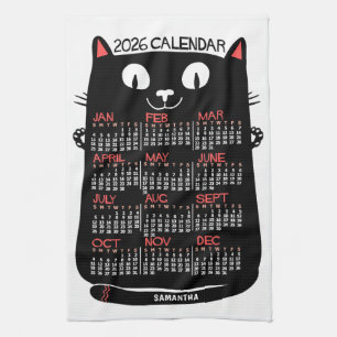 2026 Year Monthly Calendar Mid-Century Black Cat Tea Towel