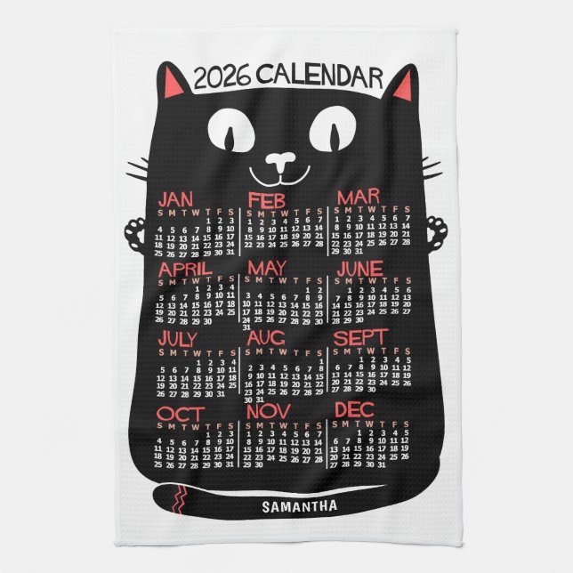 2026 Year Monthly Calendar Mid-Century Black Cat Tea Towel (Vertical)