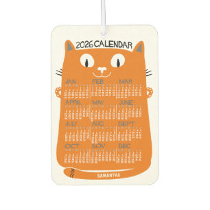2026 Year Monthly Calendar Mid-Century Orange Cat Car Air Freshener