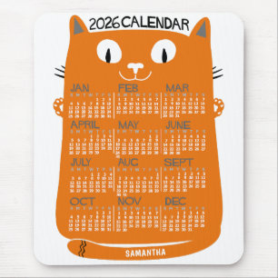 2026 Year Monthly Calendar Mid-Century Orange Cat Mouse Mat