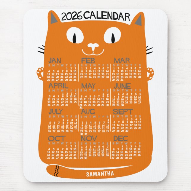 2026 Year Monthly Calendar Mid-Century Orange Cat Mouse Mat (Front)