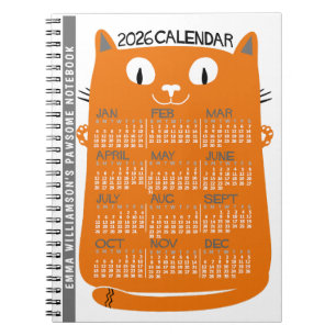 2026 Year Monthly Calendar Mid-Century Orange Cat Notebook