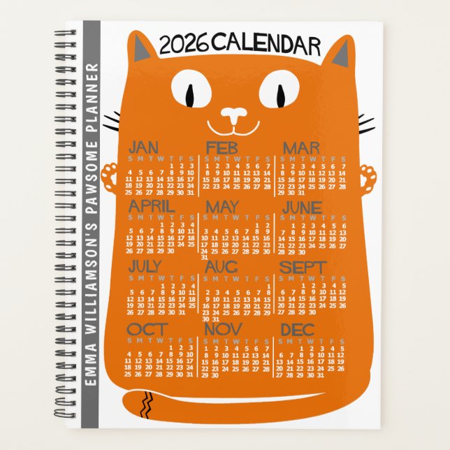 2026 Year Monthly Calendar Mid-Century Orange Cat Planner (Front)