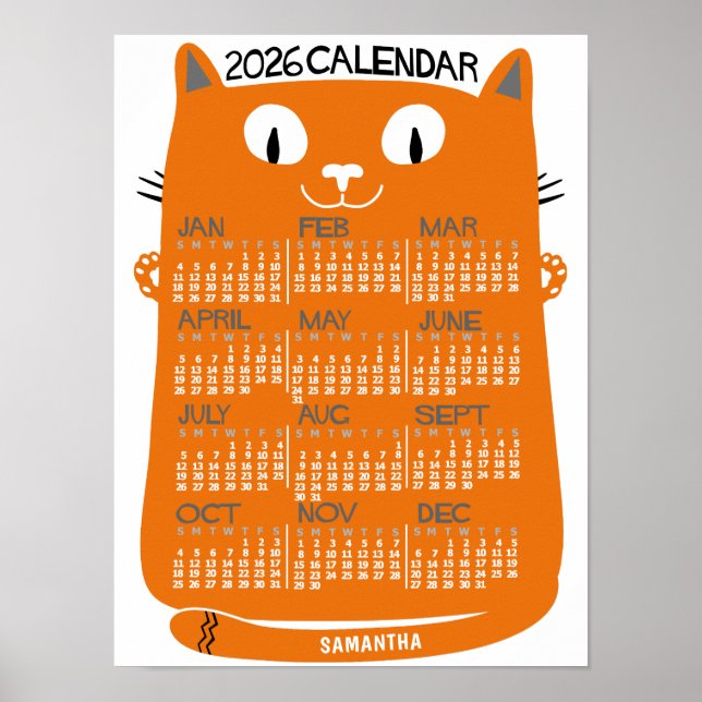 2026 Year Monthly Calendar Mid-Century Orange Cat Poster (Front)
