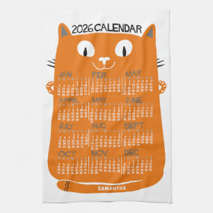 2026 Year Monthly Calendar Mid-Century Orange Cat Tea Towel