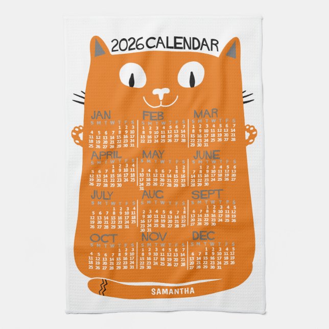 2026 Year Monthly Calendar Mid-Century Orange Cat Tea Towel (Vertical)