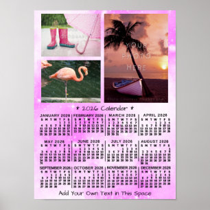 2026 Year Monthly Calendar Pink Watercolor 3 Photo Poster