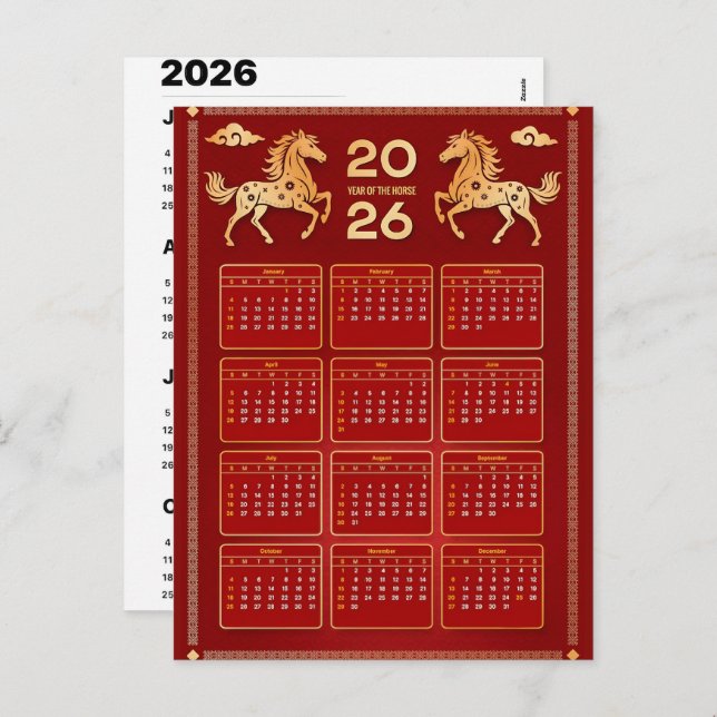 2026 Year of Horse Chinese Wall Calendar Holiday Postcard (Front/Back)