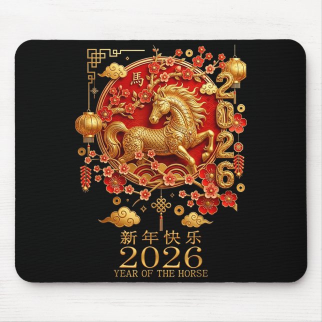 2026 Year Of The Horse Red Chinese New Year Lunar  Mouse Mat (Front)