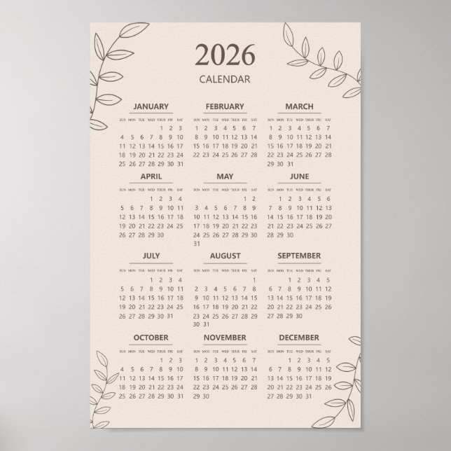 2026 Yearly Calendar Floral Line Art Minimalist Poster (Front)