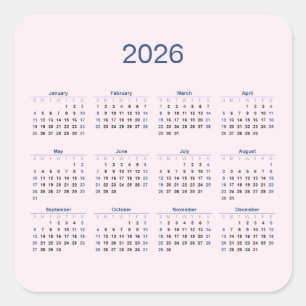 2026 Yearly Calendar on Pale Pink Square Sticker