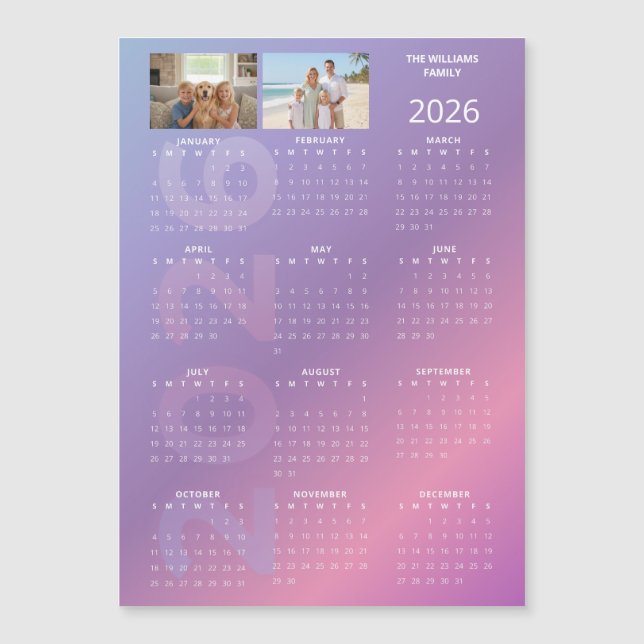 2026 Yearly Calendar Pink Blue Personalised Photo (Front)