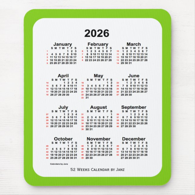 2026 Yellow Green 52 Week Calendar by Janz Mouse Mat (Front)