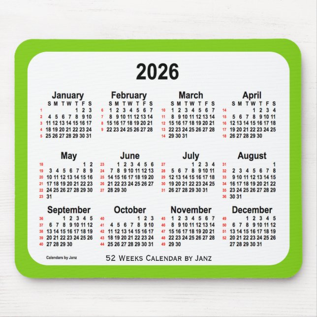 2026 Yellow Green 52 Weeks Calendar by Janz Mouse Mat (Front)