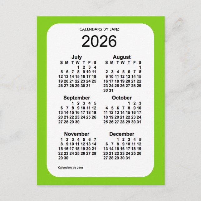 2026 Yellow Green 6 Month Mini Calendar by Janz Postcard (Front)