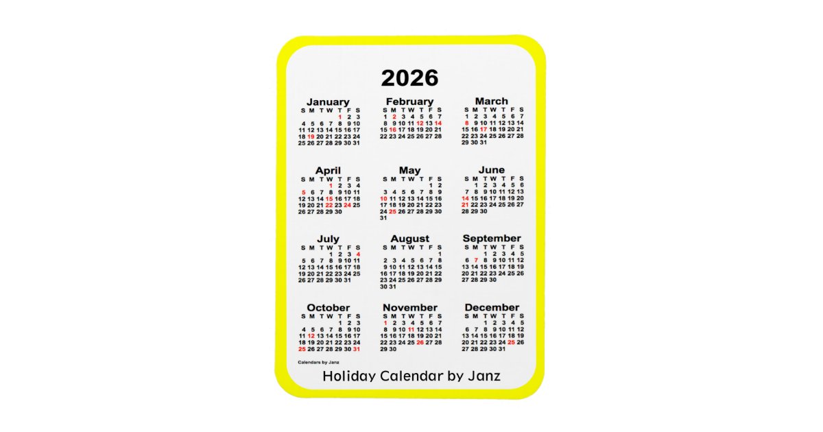 2026 Yellow Holiday Calendar by Janz Zazzle