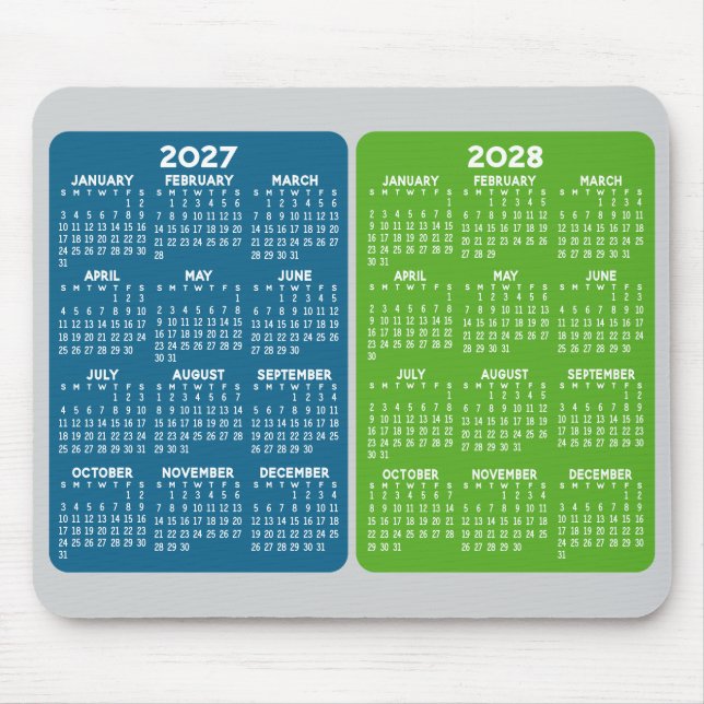 2027 2028 2 Year Calendar - year view blue green Mouse Mat (Front)