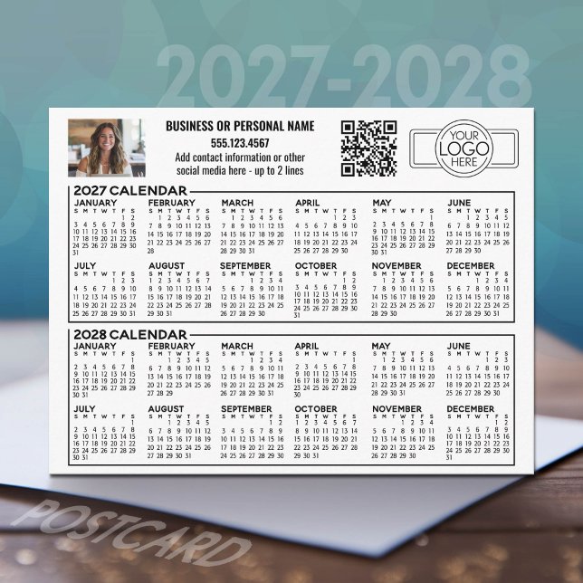 2027 2028 Calendar with logo, QR Code, Photo Postcard (2027 and 2028 Calendar Postcard)