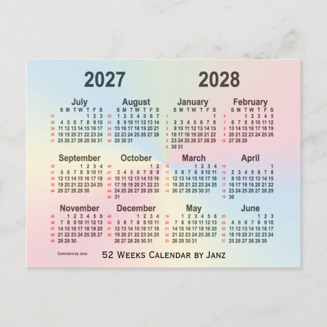 2027-2028 Rainbow 52 Weeks Calendar by Janz Postcard (Front)