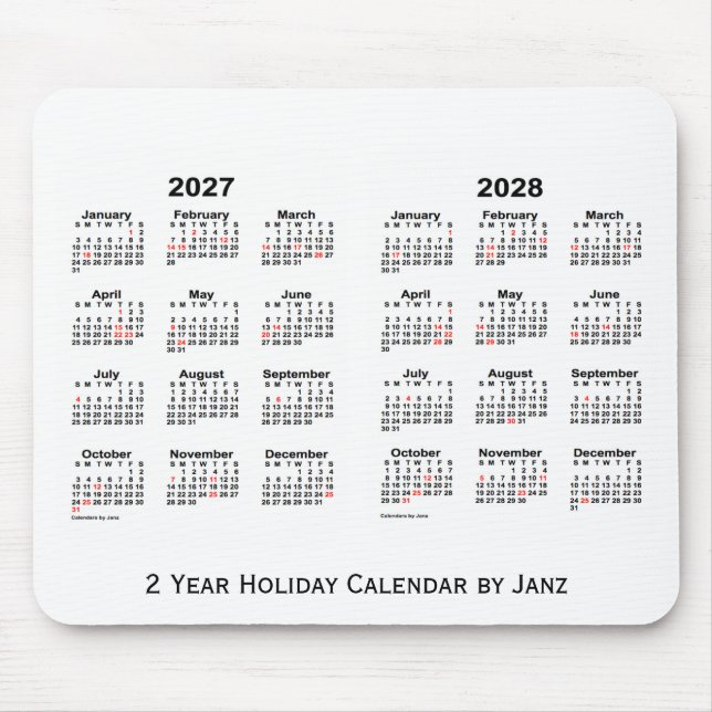 2027-2028 White 2 Year Holiday Calendar by Janz Mouse Mat (Front)