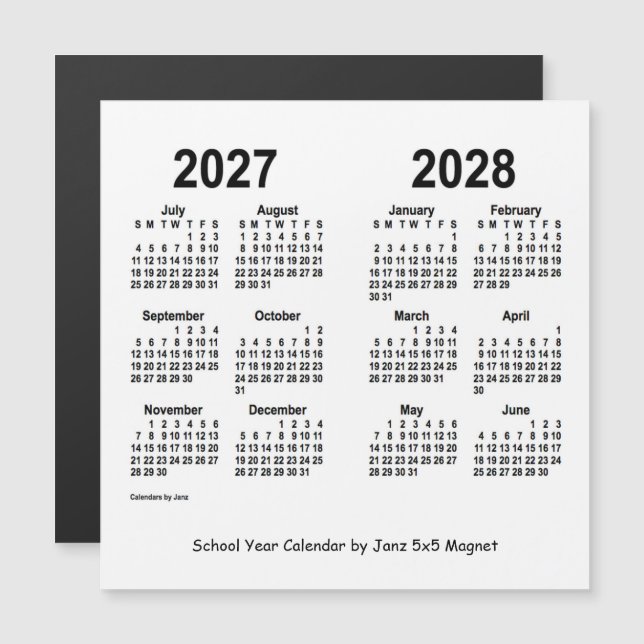 2027-2028 White School Year Calendar by Janz (Front/Back)