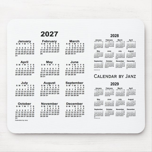 2027-2029 White 3 Year Calendar by Janz Mouse Mat (Front)