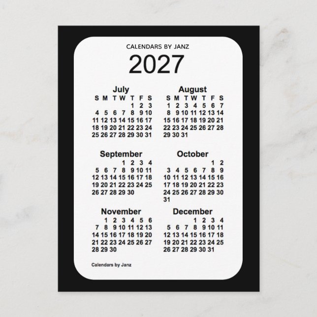 2027 Black 6 Month Mini Calendar by Janz Postcard (Front)