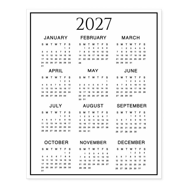 2027 Calendar #2 Four Rows, Three Columns Rubber Stamp (Imprint)