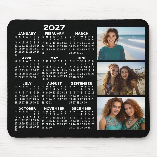 2027 Calendar 3 Photos Basic Black Minimal Magnet Mouse Mat (Front)