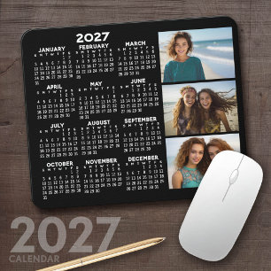 2027 Calendar 3 Photos Basic Black Minimal Mouse Mat