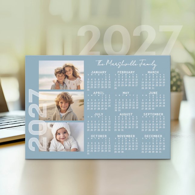 2027 Calendar 3 Photos Basic Blue Minimal Holiday Card (2027 calendar as a holiday card)