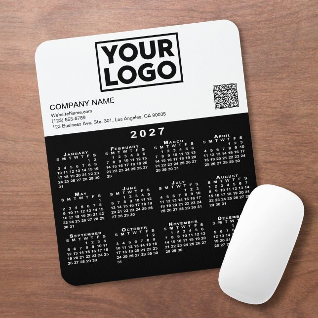 2027 Calendar Business Logo QR Code Black White Mouse Mat (2027 Calendar Business Logo QR Code Black White Mouse Pad in situ)